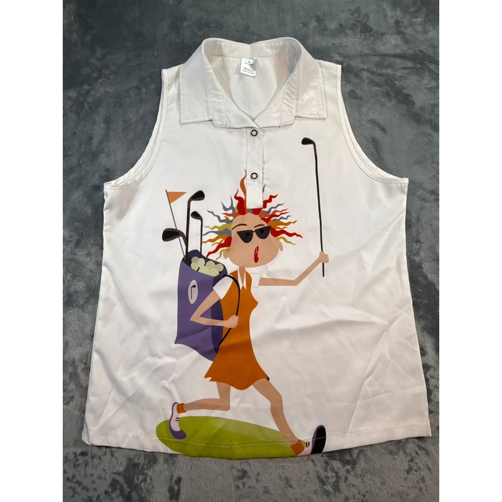 Womens Sleeveless Golf Polo Top White Rainbow Hair Golfer XL Funny Whimsical